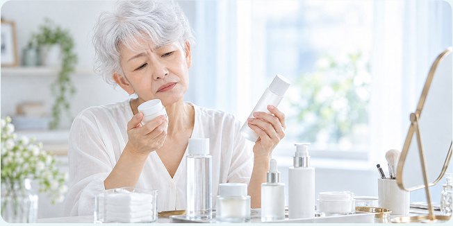 化粧品を手に悩む女性